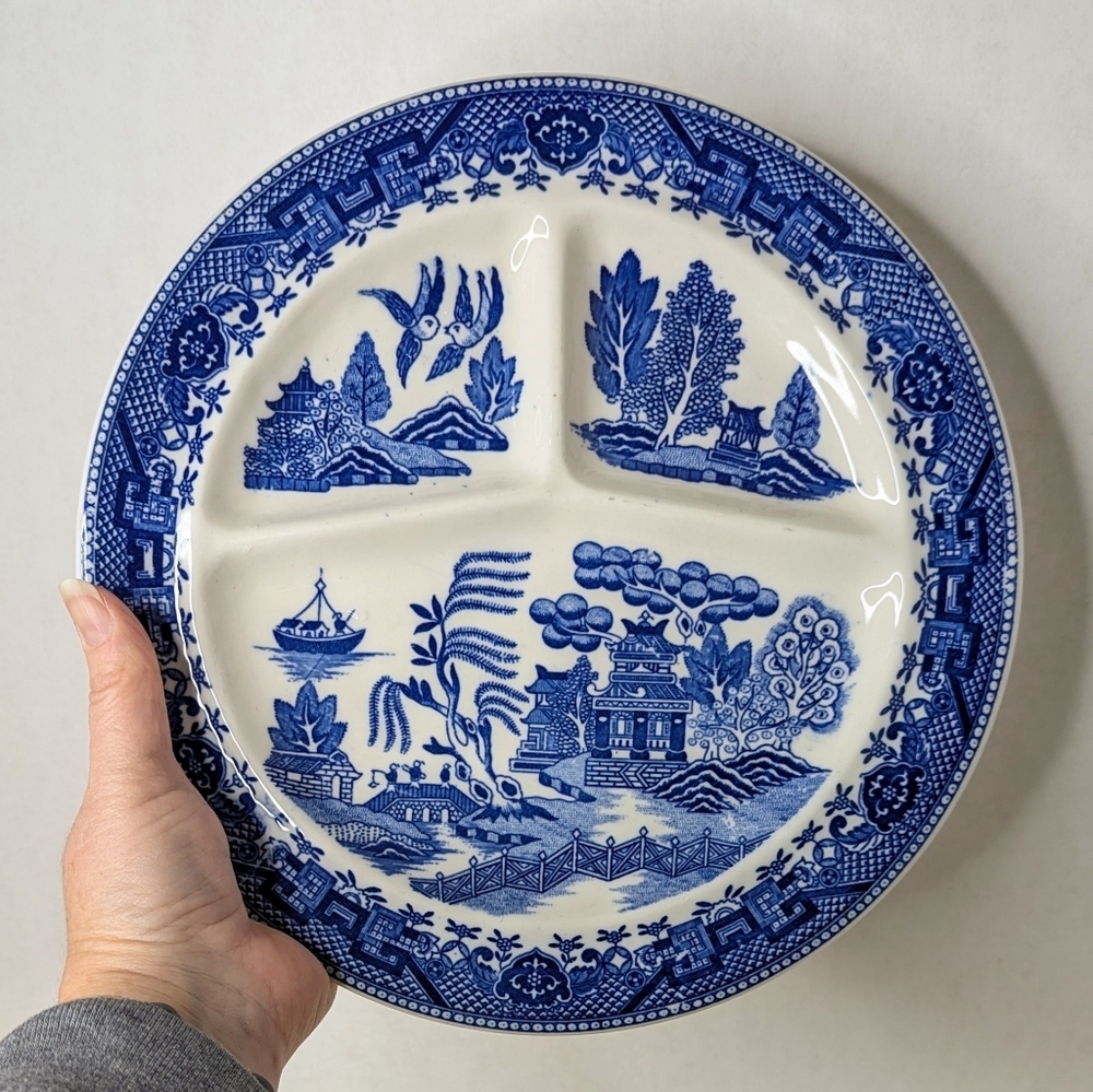 Vintage Moriyama Blue Willow 3 Section Divided Heavy Grill Plate Japan